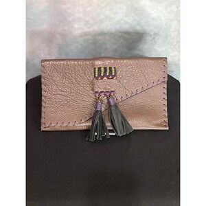 Handcrafted Pebble Leather Whipstitch Tassel Clutch Bag Brown Boho Artisan